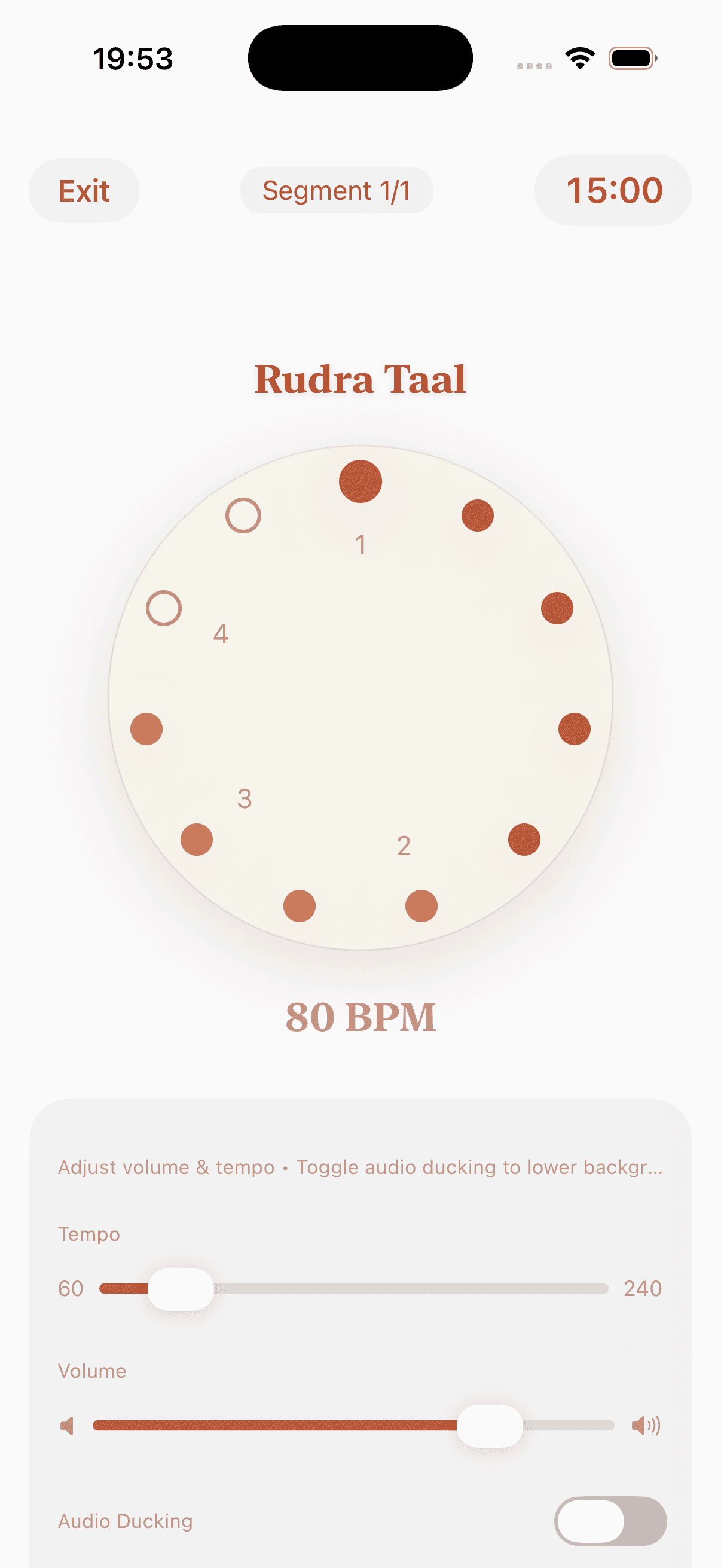 Tabla Focus lehra practice interface showing tala cycle guidance for focused riyaz