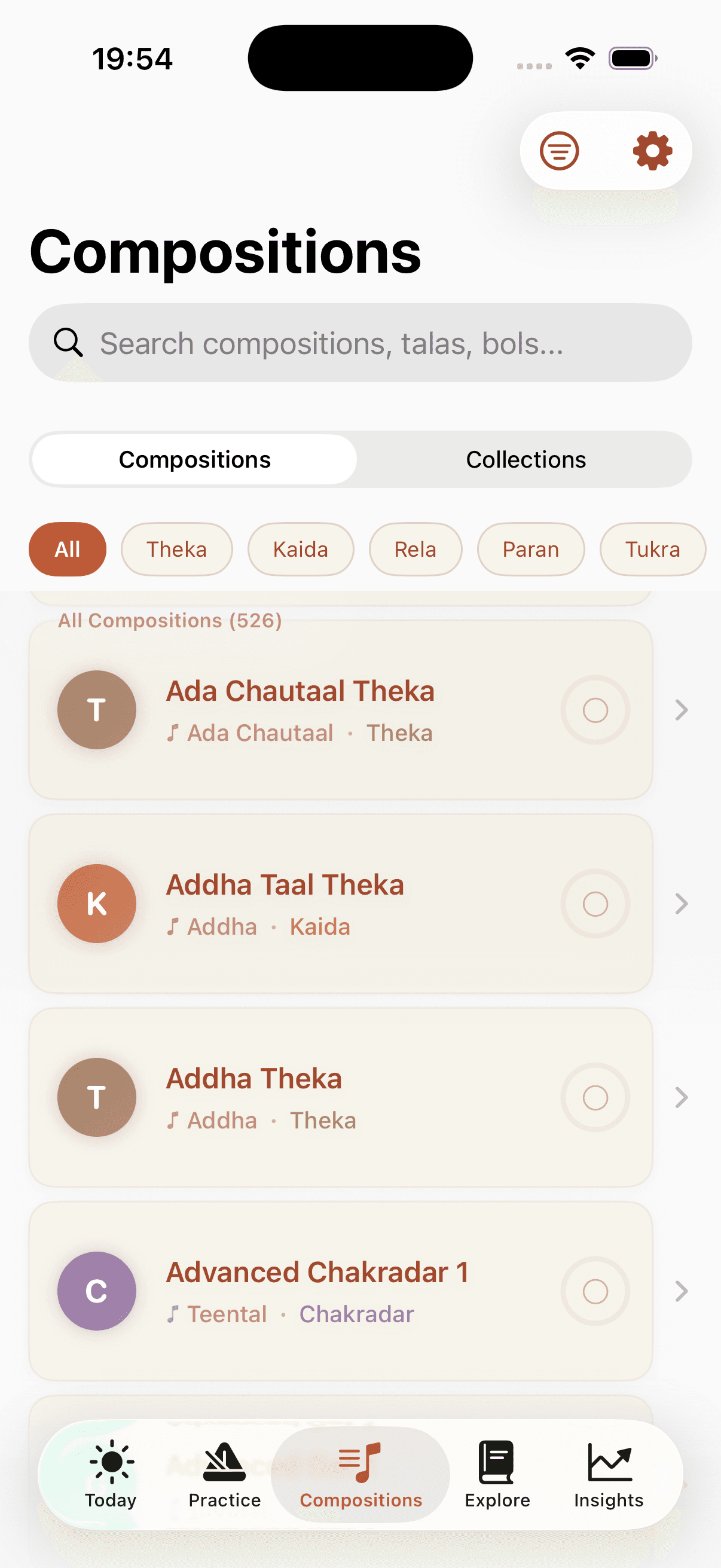 Tabla Focus compositions library showing bol notation organized by repertoire type